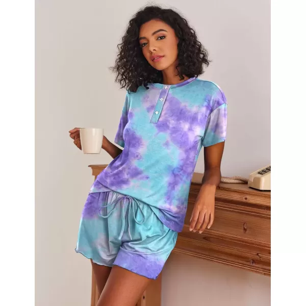 imageEkouaer 2 Pack Womens Pajama Sets Short Sleeve Top with Shorts Soft Comfy Loungewear Sleepwear SXXLTie Dye Blue PurpleLight Purple