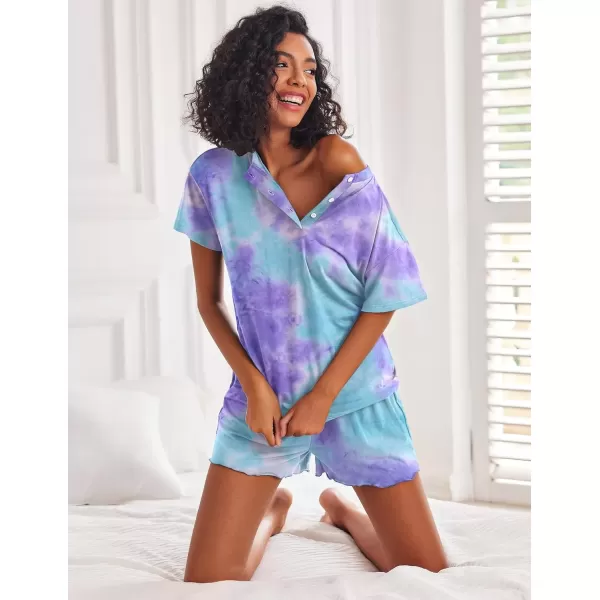 imageEkouaer 2 Pack Womens Pajama Sets Short Sleeve Top with Shorts Soft Comfy Loungewear Sleepwear SXXLTie Dye Blue PurpleLight Purple