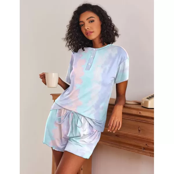 imageEkouaer 2 Pack Womens Pajama Sets Short Sleeve Top with Shorts Soft Comfy Loungewear Sleepwear SXXLTie Dye Pink BlueTie Dye Blue