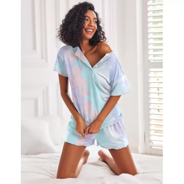 imageEkouaer 2 Pack Womens Pajama Sets Short Sleeve Top with Shorts Soft Comfy Loungewear Sleepwear SXXLTie Dye Pink BlueTie Dye Blue