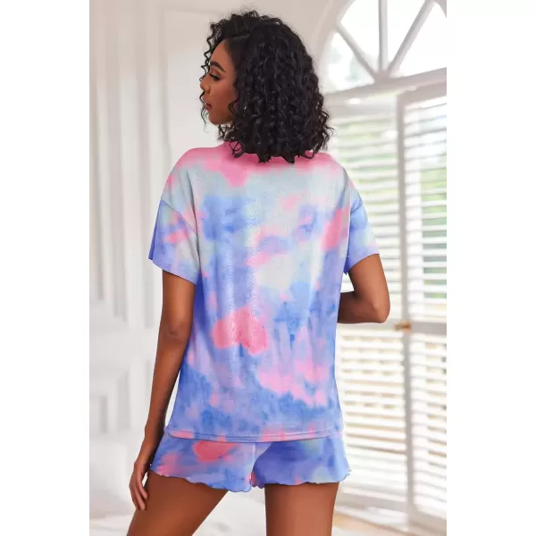 imageEkouaer 2 Pack Womens Pajama Sets Short Sleeve Top with Shorts Soft Comfy Loungewear Sleepwear SXXLTie Dye RainbowBlue Sky