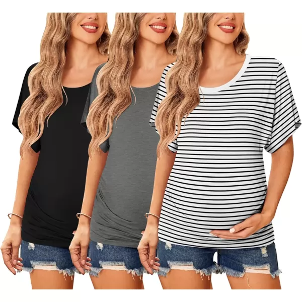 imageEkouaer Maternity Shirts 3 Packs Dolman Sleeve Side Ruched Tops Tunic Casual Pregnancy ClothesBlackGrayWhite