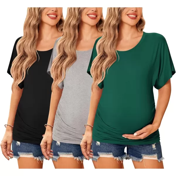 imageEkouaer Maternity Shirts 3 Packs Dolman Sleeve Side Ruched Tops Tunic Casual Pregnancy ClothesBlackGreenGray