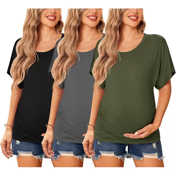 imageEkouaer Maternity Shirts 3 Packs Dolman Sleeve Side Ruched Tops Tunic Casual Pregnancy ClothesBlackGreenGrey