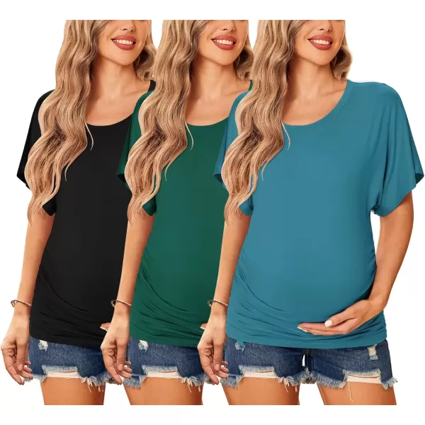 imageEkouaer Maternity Shirts 3 Packs Dolman Sleeve Side Ruched Tops Tunic Casual Pregnancy ClothesBlackGreenLake Blue