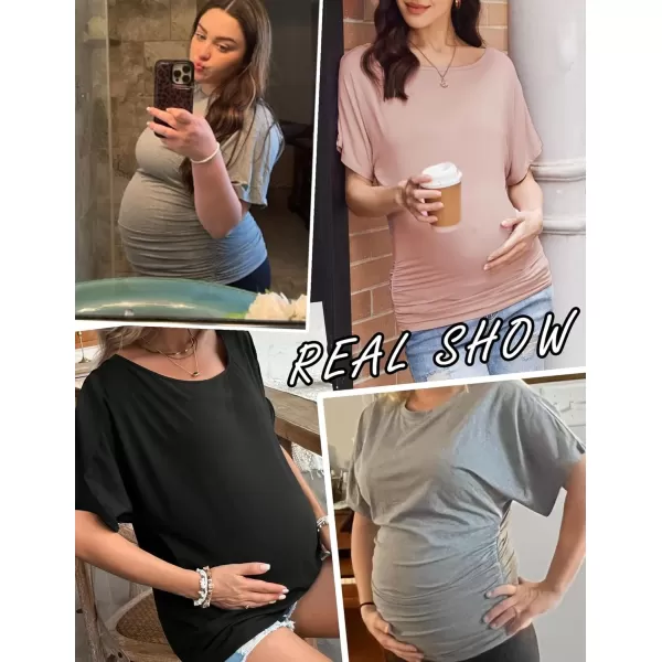 imageEkouaer Maternity Shirts 3 Packs Dolman Sleeve Side Ruched Tops Tunic Casual Pregnancy ClothesBlackGreenLake Blue