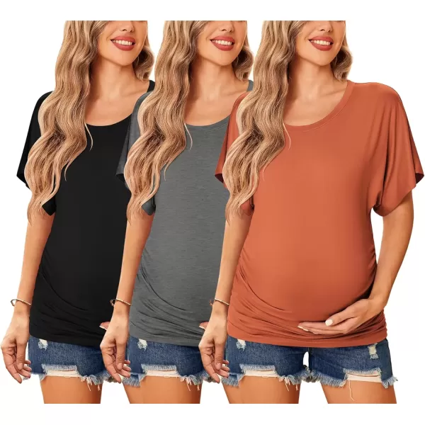 imageEkouaer Maternity Shirts 3 Packs Dolman Sleeve Side Ruched Tops Tunic Casual Pregnancy ClothesBlackGreyBrown