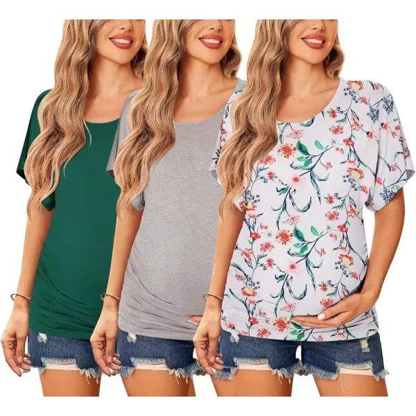 imageEkouaer Maternity Shirts 3 Packs Dolman Sleeve Side Ruched Tops Tunic Casual Pregnancy ClothesBlackGreyWhite Floral