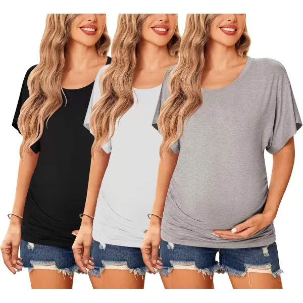 imageEkouaer Maternity Shirts 3 Packs Dolman Sleeve Side Ruched Tops Tunic Casual Pregnancy ClothesBlackLight GreyWhite