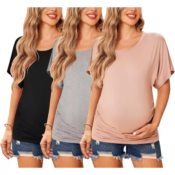 imageEkouaer Maternity Shirts 3 Packs Dolman Sleeve Side Ruched Tops Tunic Casual Pregnancy ClothesBlackMisty RoseLight Grey