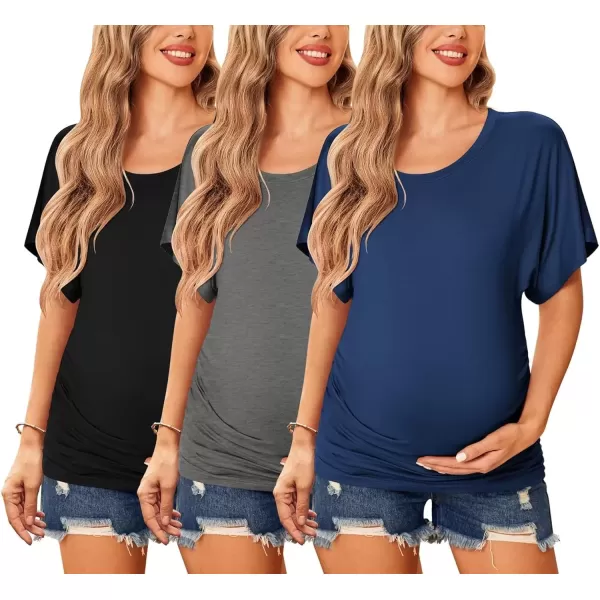 imageEkouaer Maternity Shirts 3 Packs Dolman Sleeve Side Ruched Tops Tunic Casual Pregnancy ClothesBlackNavy BlueDark Gray