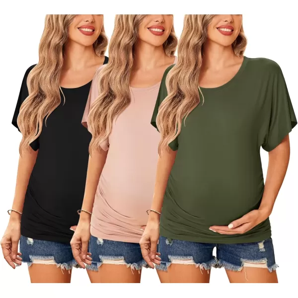 imageEkouaer Maternity Shirts 3 Packs Dolman Sleeve Side Ruched Tops Tunic Casual Pregnancy ClothesBlackPinkGreen