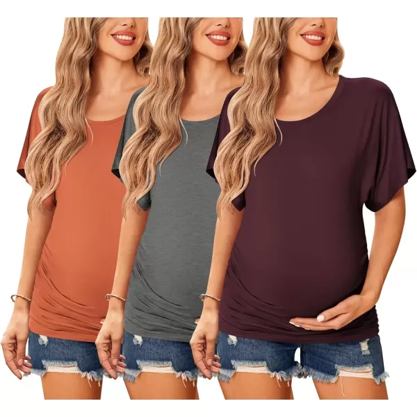 imageEkouaer Maternity Shirts 3 Packs Dolman Sleeve Side Ruched Tops Tunic Casual Pregnancy ClothesCaramelDark RedDark Grey