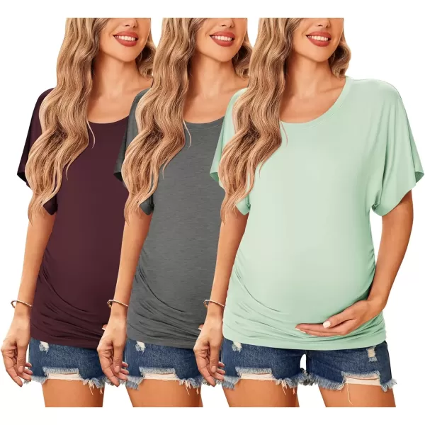 imageEkouaer Maternity Shirts 3 Packs Dolman Sleeve Side Ruched Tops Tunic Casual Pregnancy ClothesGrayDark RedGreen