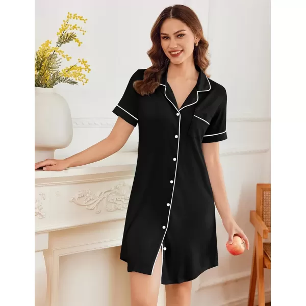 imageEkouaer Nightgowns for Women Button Down Sleepshirt Short Sleeve Nightshirt Boyfriend Pajamas V Neck Nightdress SXXXLBlack