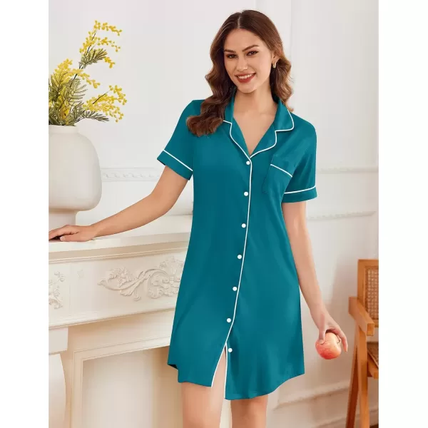 imageEkouaer Nightgowns for Women Button Down Sleepshirt Short Sleeve Nightshirt Boyfriend Pajamas V Neck Nightdress SXXXLBlue Green