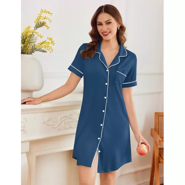 imageEkouaer Nightgowns for Women Button Down Sleepshirt Short Sleeve Nightshirt Boyfriend Pajamas V Neck Nightdress SXXXLDark Blue