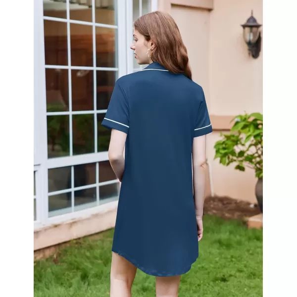 imageEkouaer Nightgowns for Women Button Down Sleepshirt Short Sleeve Nightshirt Boyfriend Pajamas V Neck Nightdress SXXXLDark Blue