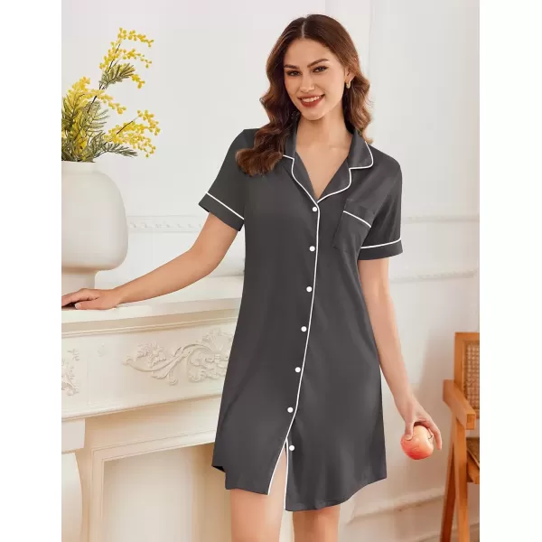 imageEkouaer Nightgowns for Women Button Down Sleepshirt Short Sleeve Nightshirt Boyfriend Pajamas V Neck Nightdress SXXXLDark Grey