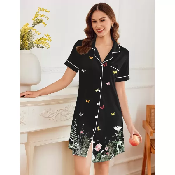 imageEkouaer Nightgowns for Women Button Down Sleepshirt Short Sleeve Nightshirt Boyfriend Pajamas V Neck Nightdress SXXXLGreen Leaf