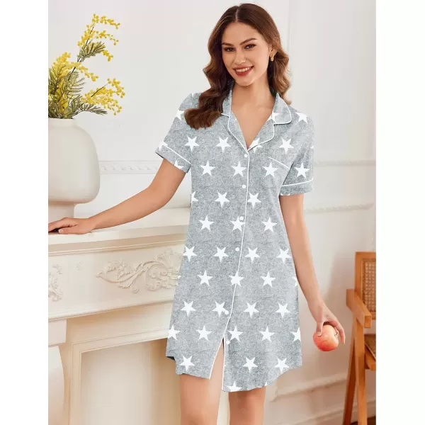 imageEkouaer Nightgowns for Women Button Down Sleepshirt Short Sleeve Nightshirt Boyfriend Pajamas V Neck Nightdress SXXXLGrey Star