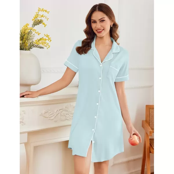 imageEkouaer Nightgowns for Women Button Down Sleepshirt Short Sleeve Nightshirt Boyfriend Pajamas V Neck Nightdress SXXXLLight Blue