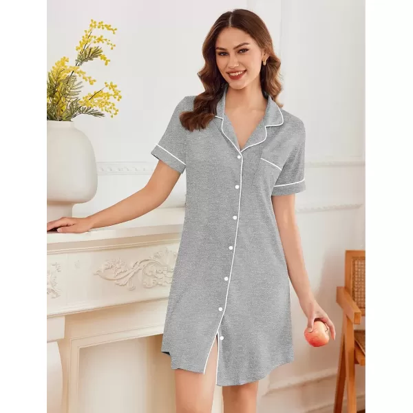 imageEkouaer Nightgowns for Women Button Down Sleepshirt Short Sleeve Nightshirt Boyfriend Pajamas V Neck Nightdress SXXXLLight Grey