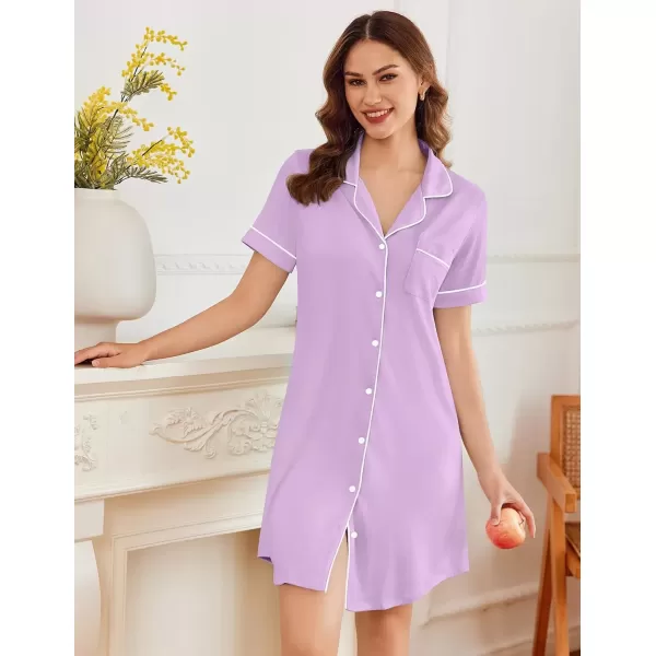 imageEkouaer Nightgowns for Women Button Down Sleepshirt Short Sleeve Nightshirt Boyfriend Pajamas V Neck Nightdress SXXXLLight Purple