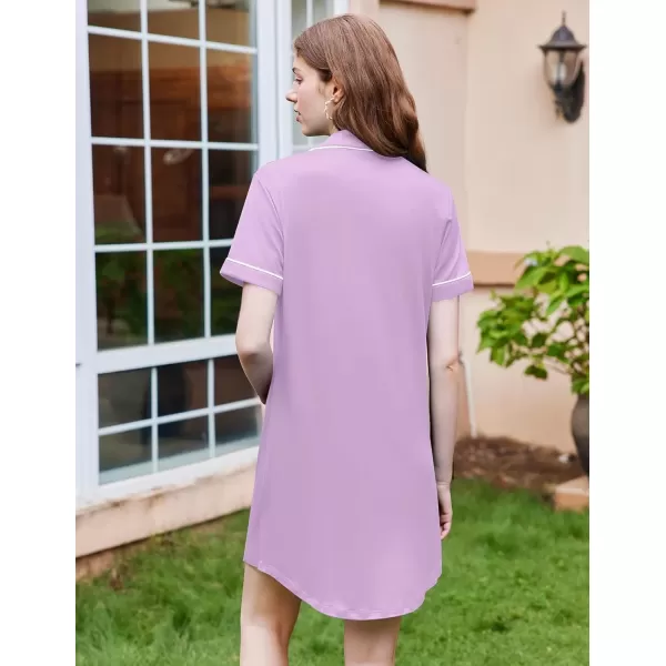 imageEkouaer Nightgowns for Women Button Down Sleepshirt Short Sleeve Nightshirt Boyfriend Pajamas V Neck Nightdress SXXXLLight Purple