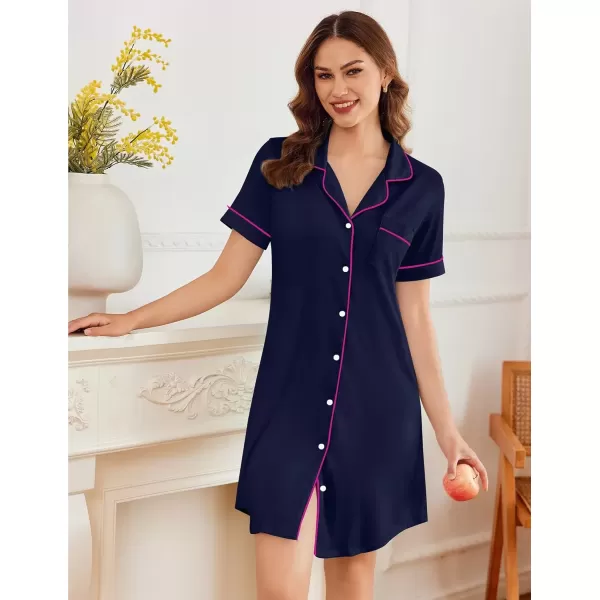imageEkouaer Nightgowns for Women Button Down Sleepshirt Short Sleeve Nightshirt Boyfriend Pajamas V Neck Nightdress SXXXLNavy Blue