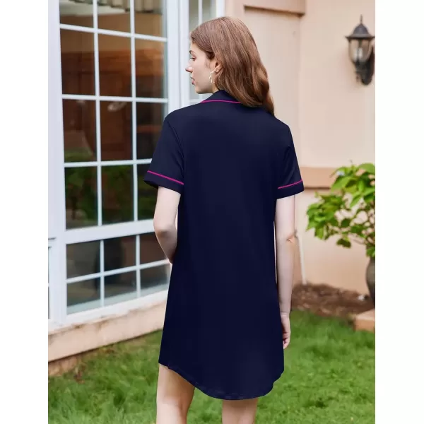 imageEkouaer Nightgowns for Women Button Down Sleepshirt Short Sleeve Nightshirt Boyfriend Pajamas V Neck Nightdress SXXXLNavy Blue