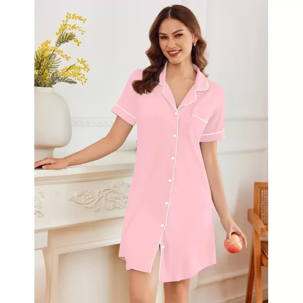 imageEkouaer Nightgowns for Women Button Down Sleepshirt Short Sleeve Nightshirt Boyfriend Pajamas V Neck Nightdress SXXXLPink