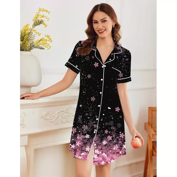 imageEkouaer Nightgowns for Women Button Down Sleepshirt Short Sleeve Nightshirt Boyfriend Pajamas V Neck Nightdress SXXXLPink Blossoms