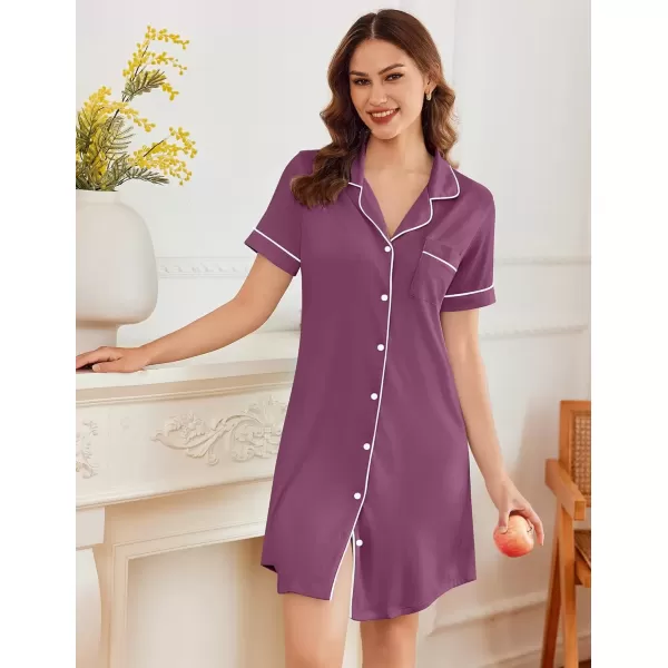 imageEkouaer Nightgowns for Women Button Down Sleepshirt Short Sleeve Nightshirt Boyfriend Pajamas V Neck Nightdress SXXXLPurple