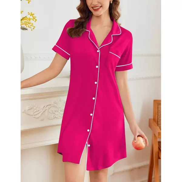 imageEkouaer Nightgowns for Women Button Down Sleepshirt Short Sleeve Nightshirt Boyfriend Pajamas V Neck Nightdress SXXXLRose Red