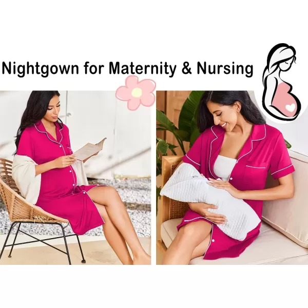 imageEkouaer Nightgowns for Women Button Down Sleepshirt Short Sleeve Nightshirt Boyfriend Pajamas V Neck Nightdress SXXXLRose Red