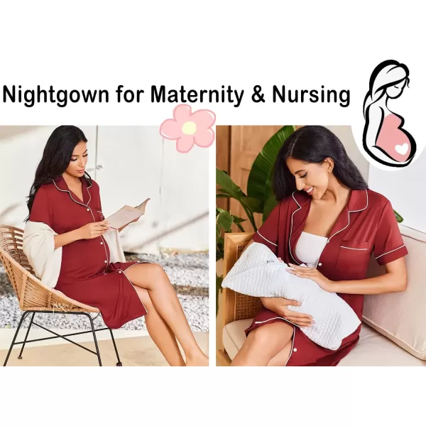 imageEkouaer Nightgowns for Women Button Down Sleepshirt Short Sleeve Nightshirt Boyfriend Pajamas V Neck Nightdress SXXXLWine Red