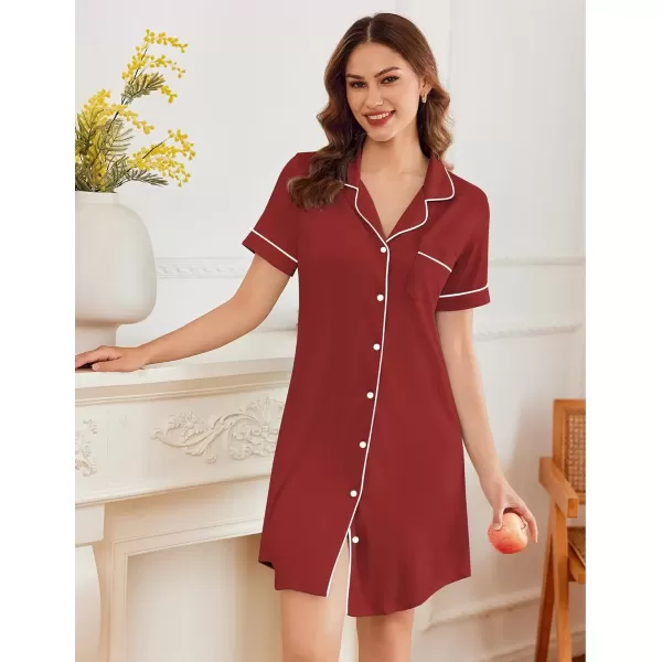 imageEkouaer Nightgowns for Women Button Down Sleepshirt Short Sleeve Nightshirt Boyfriend Pajamas V Neck Nightdress SXXXLWine Red