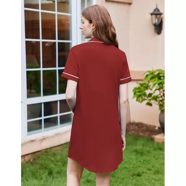 imageEkouaer Nightgowns for Women Button Down Sleepshirt Short Sleeve Nightshirt Boyfriend Pajamas V Neck Nightdress SXXXLWine Red