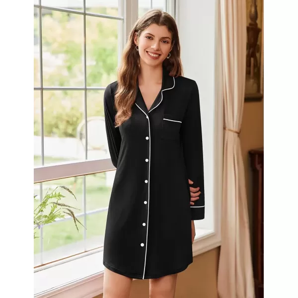 imageEkouaer Nightgowns for Women Long Sleeve Nightshirt Button Down Sleepshirt Nightdress Boyfriend Sleepwear SXXXLBlack