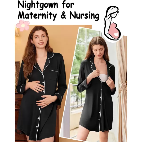 imageEkouaer Nightgowns for Women Long Sleeve Nightshirt Button Down Sleepshirt Nightdress Boyfriend Sleepwear SXXXLBlack