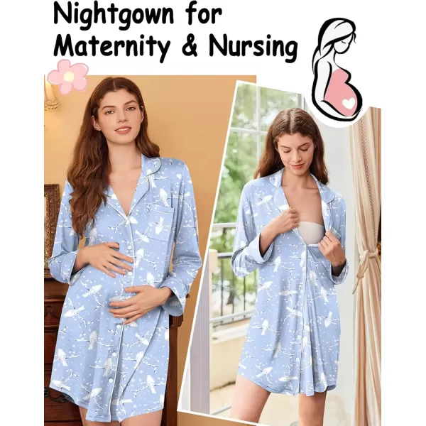 imageEkouaer Nightgowns for Women Long Sleeve Nightshirt Button Down Sleepshirt Nightdress Boyfriend Sleepwear SXXXLBlue White Bird