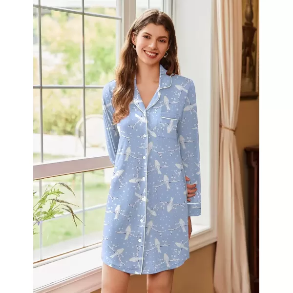 imageEkouaer Nightgowns for Women Long Sleeve Nightshirt Button Down Sleepshirt Nightdress Boyfriend Sleepwear SXXXLBlue White Bird