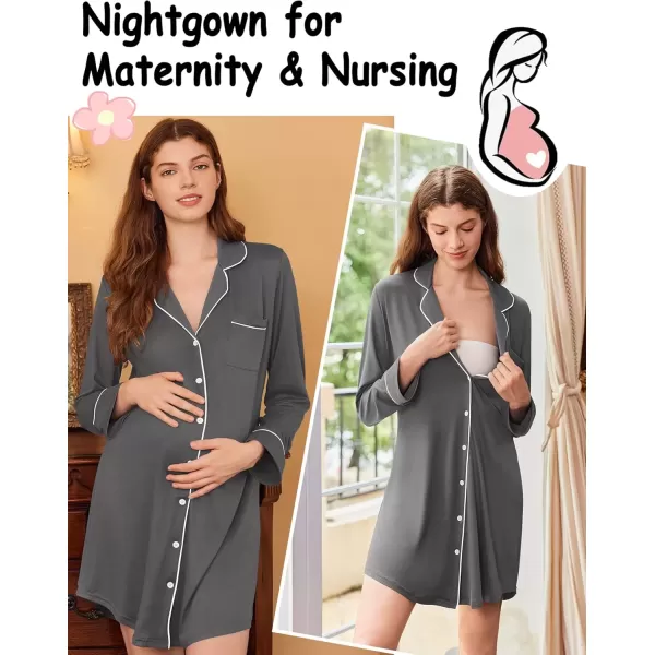 imageEkouaer Nightgowns for Women Long Sleeve Nightshirt Button Down Sleepshirt Nightdress Boyfriend Sleepwear SXXXLDark Grey