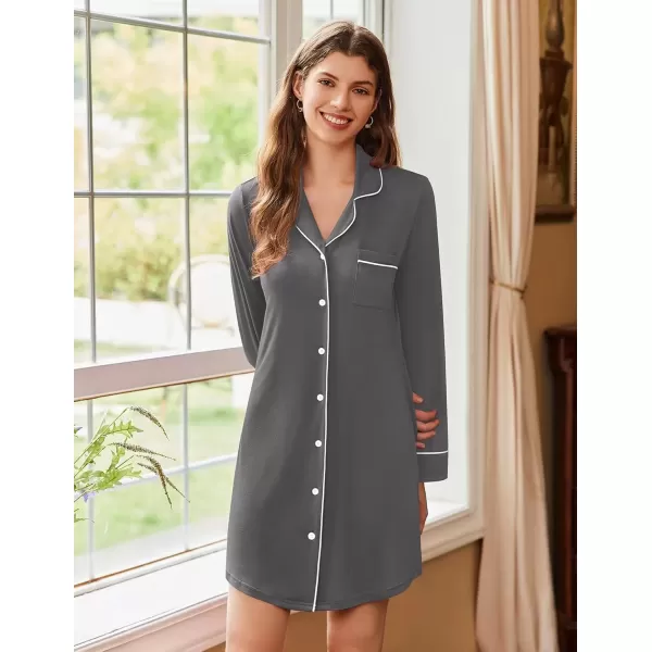 imageEkouaer Nightgowns for Women Long Sleeve Nightshirt Button Down Sleepshirt Nightdress Boyfriend Sleepwear SXXXLDark Grey