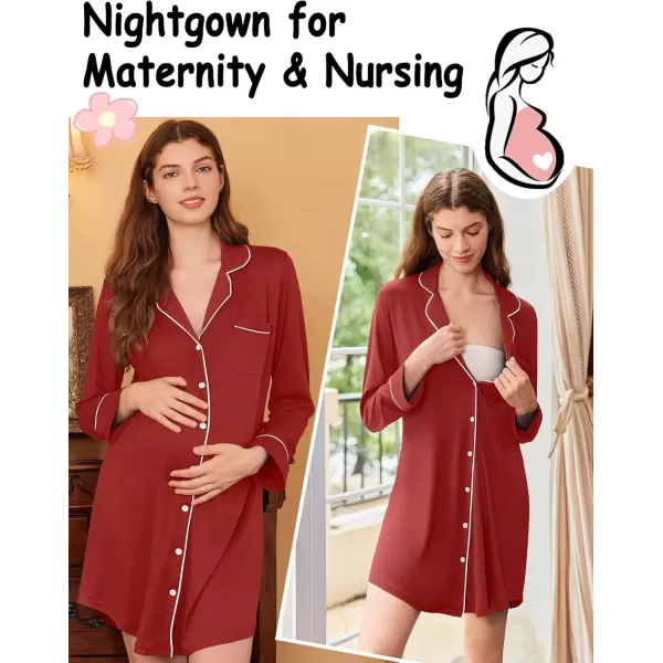 imageEkouaer Nightgowns for Women Long Sleeve Nightshirt Button Down Sleepshirt Nightdress Boyfriend Sleepwear SXXXLDark Red