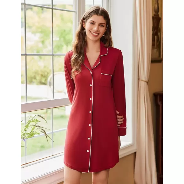 imageEkouaer Nightgowns for Women Long Sleeve Nightshirt Button Down Sleepshirt Nightdress Boyfriend Sleepwear SXXXLDark Red