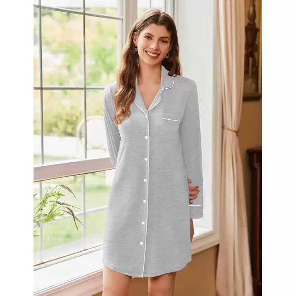 imageEkouaer Nightgowns for Women Long Sleeve Nightshirt Button Down Sleepshirt Nightdress Boyfriend Sleepwear SXXXLGrey