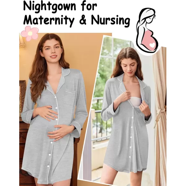 imageEkouaer Nightgowns for Women Long Sleeve Nightshirt Button Down Sleepshirt Nightdress Boyfriend Sleepwear SXXXLGrey