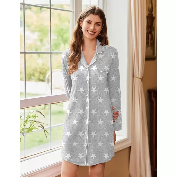 imageEkouaer Nightgowns for Women Long Sleeve Nightshirt Button Down Sleepshirt Nightdress Boyfriend Sleepwear SXXXLGrey White Star